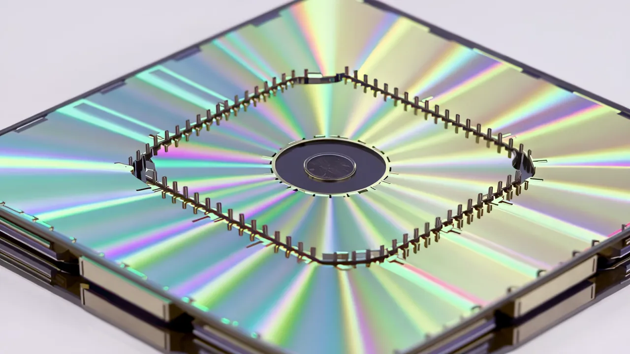 Close-Up of Silicon Wafer with Iridescent Patterns