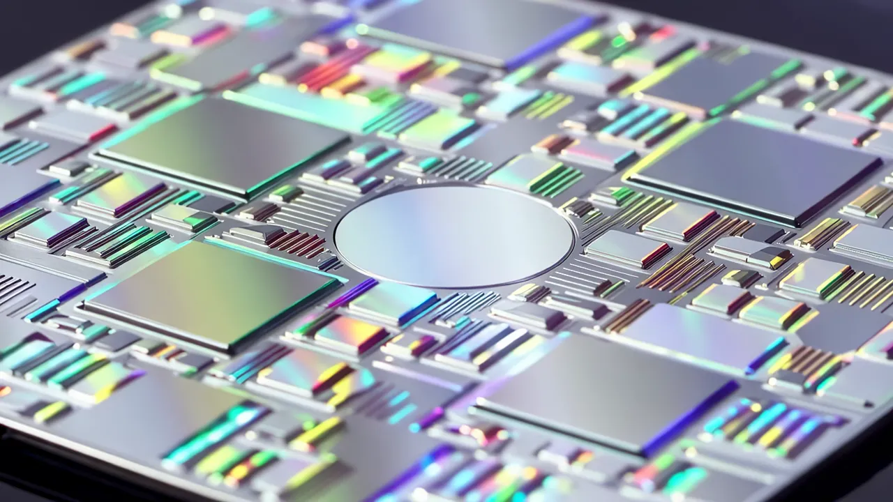 Close-up of Silicon Wafer with Iridescent Patterns