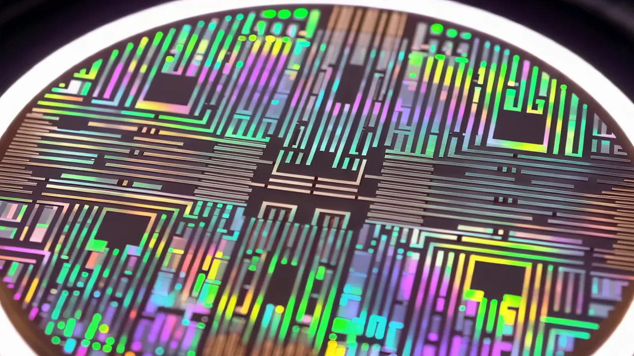 Close-up of Silicon Wafer with Iridescent Patterns