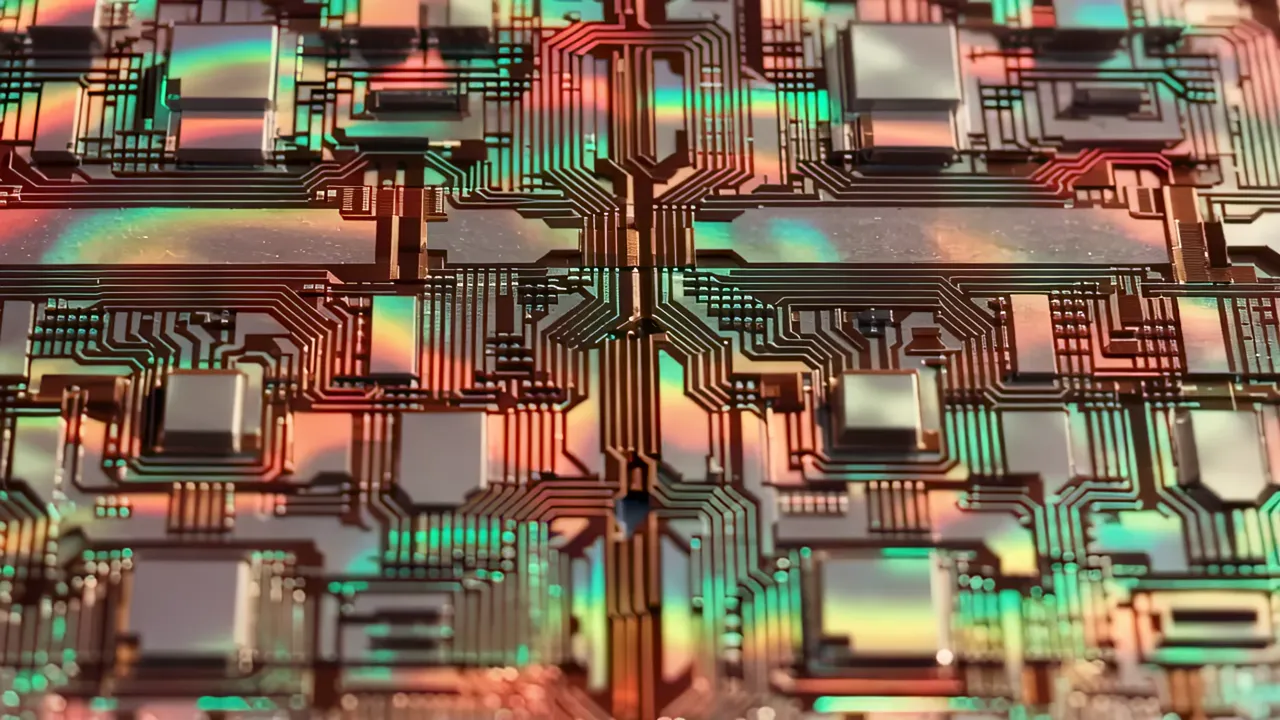 Close-up of Silicon Wafer with Iridescent Patterns