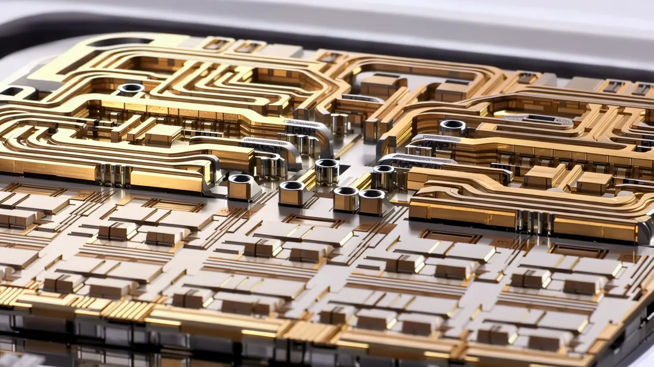 Close-Up of Transistor Arrays and Metal Layers on Microchip