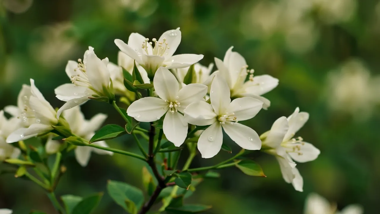 Close-Up of White Jasmine Flowers with Morning Dew