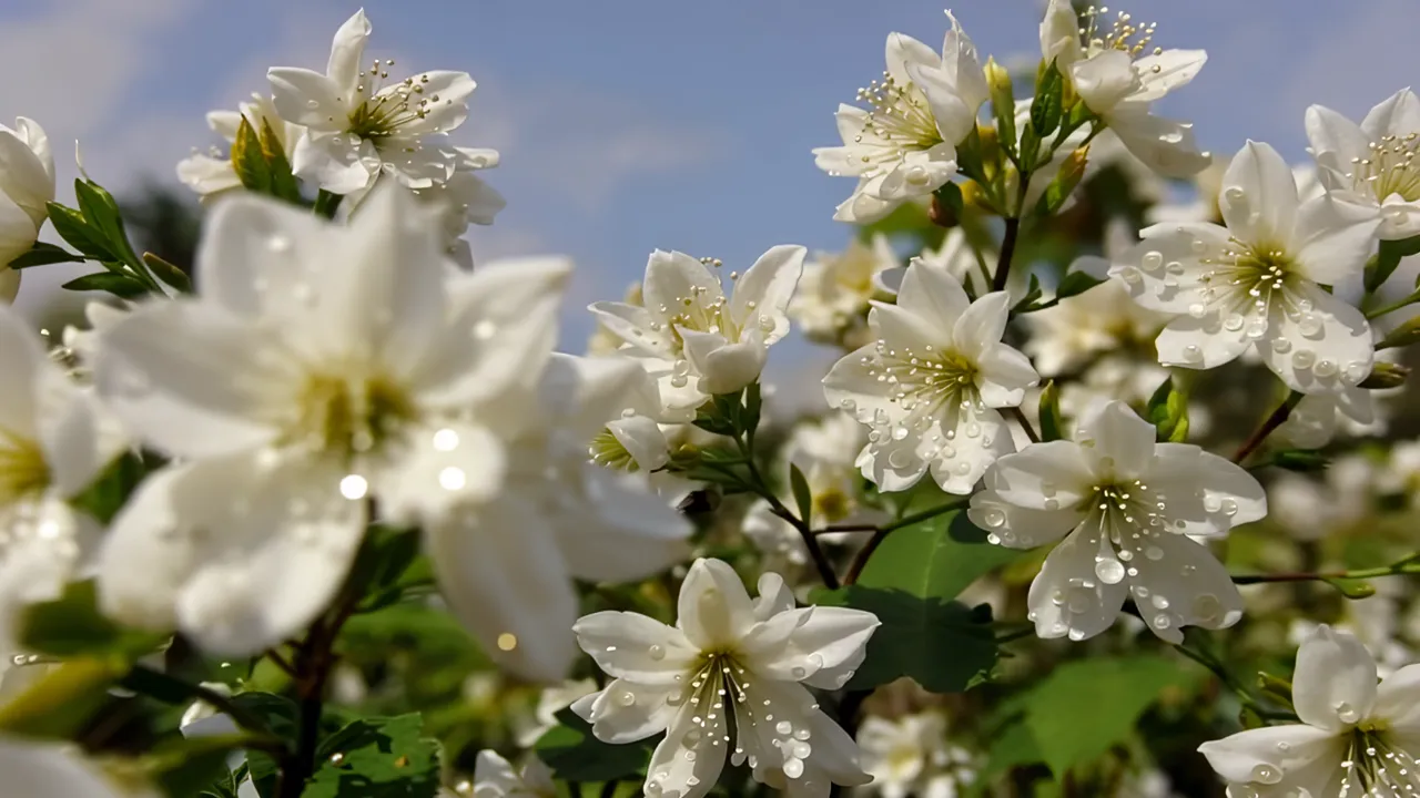 Close-up of White Jasmine Flowers with Morning Dew