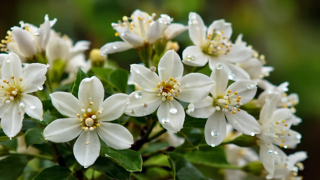 Close-Up of White Jasmine Flowers with Morning Dew
