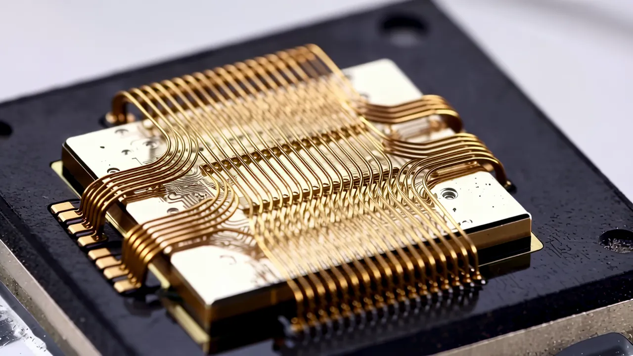 Close-up of Wire Bonding on a Chip Package with Gold Wires
