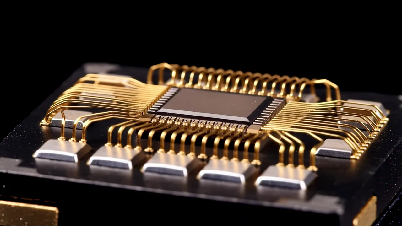 Close-up of Wire Bonding on a Chip Package with Gold Wires