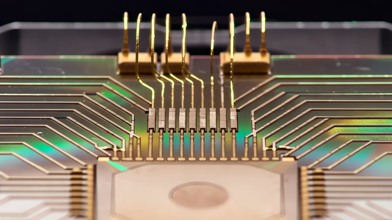 Close-up of Wire Bonding on Chip Package with Gold Wires