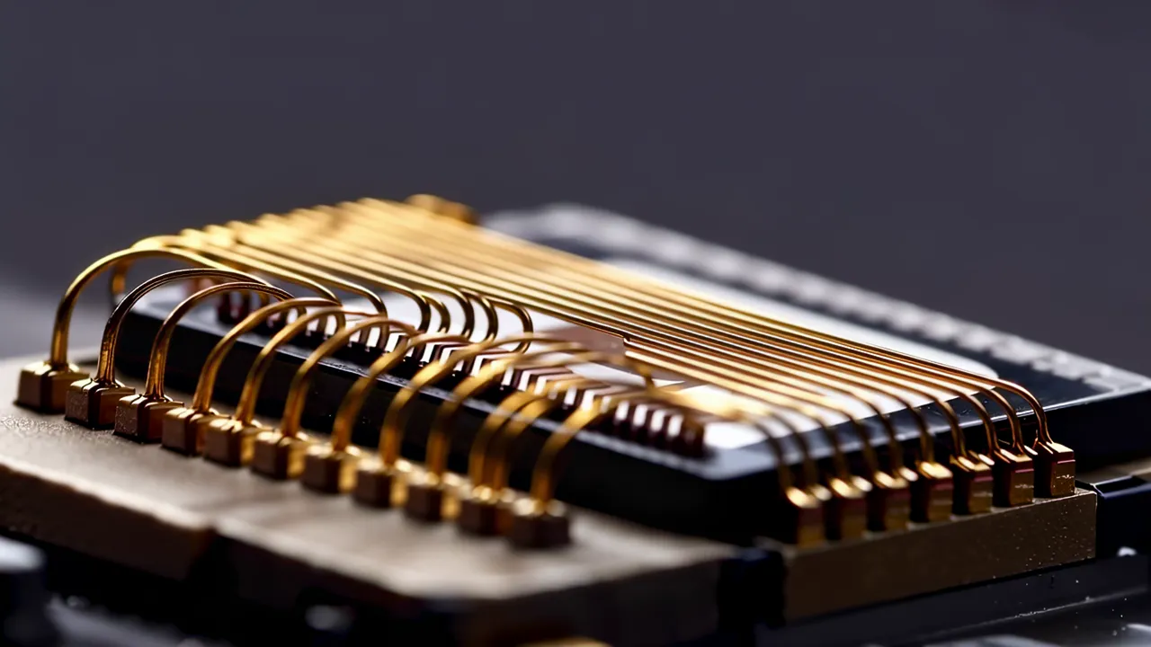 Close-up of Wire Bonding on Microchip with Gold Wires