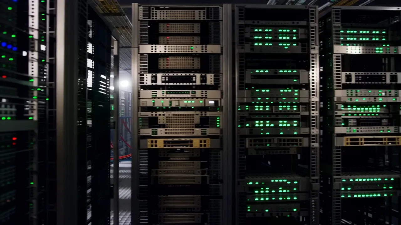Corridor in a Modern Server Room with Cables and Racks