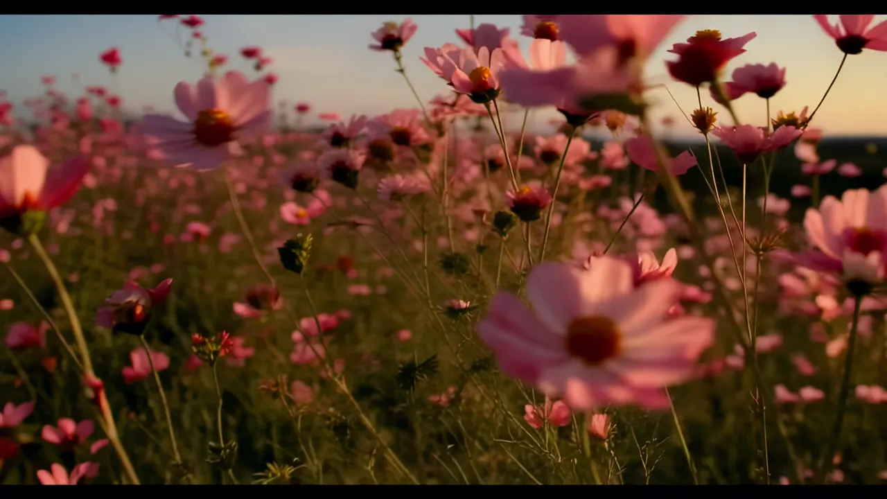 Cosmos Flower Field at Sunset with Golden Light