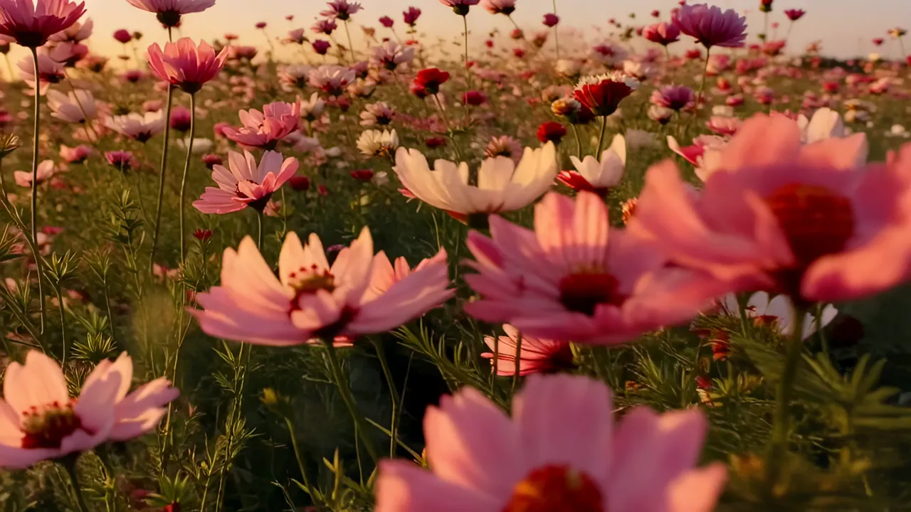 Cosmos Flower Field in Golden Evening Light