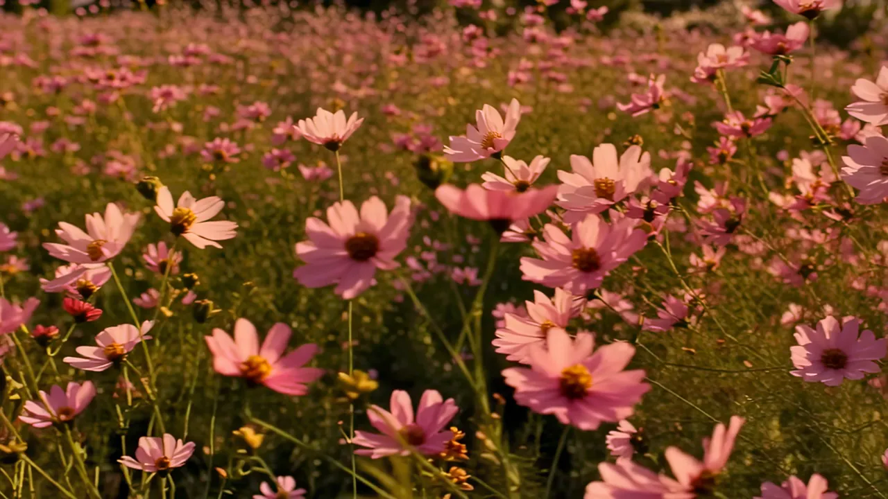Cosmos Flower Field in Pink and White Under Golden Light