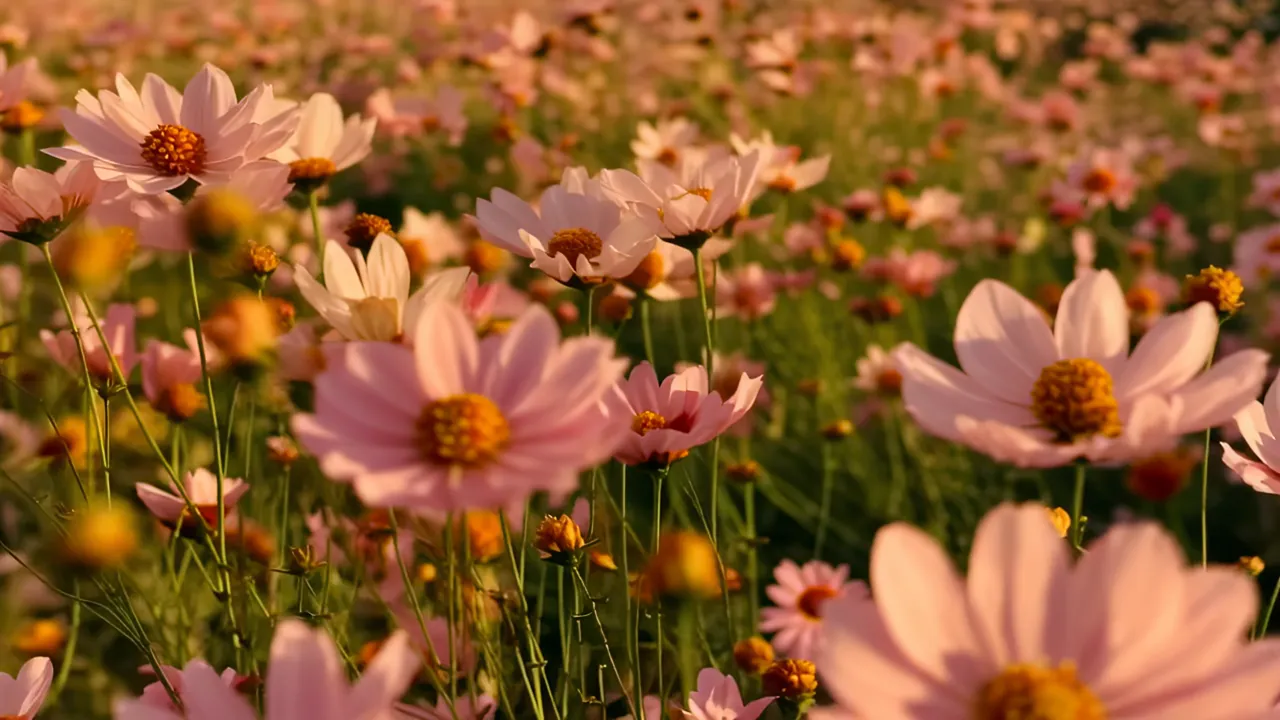 Cosmos Flower Field in Soft Evening Light