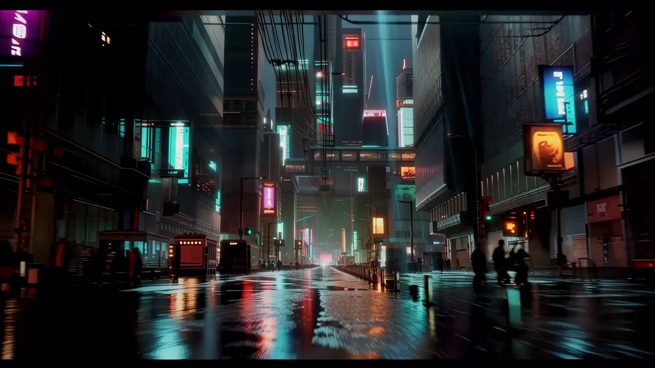 Crowded Dystopian Street with Overhanging Signs