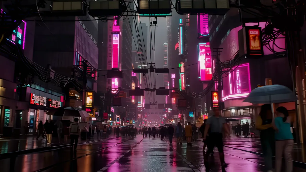 Crowded Urban Street Amid Tall Dystopian Towers