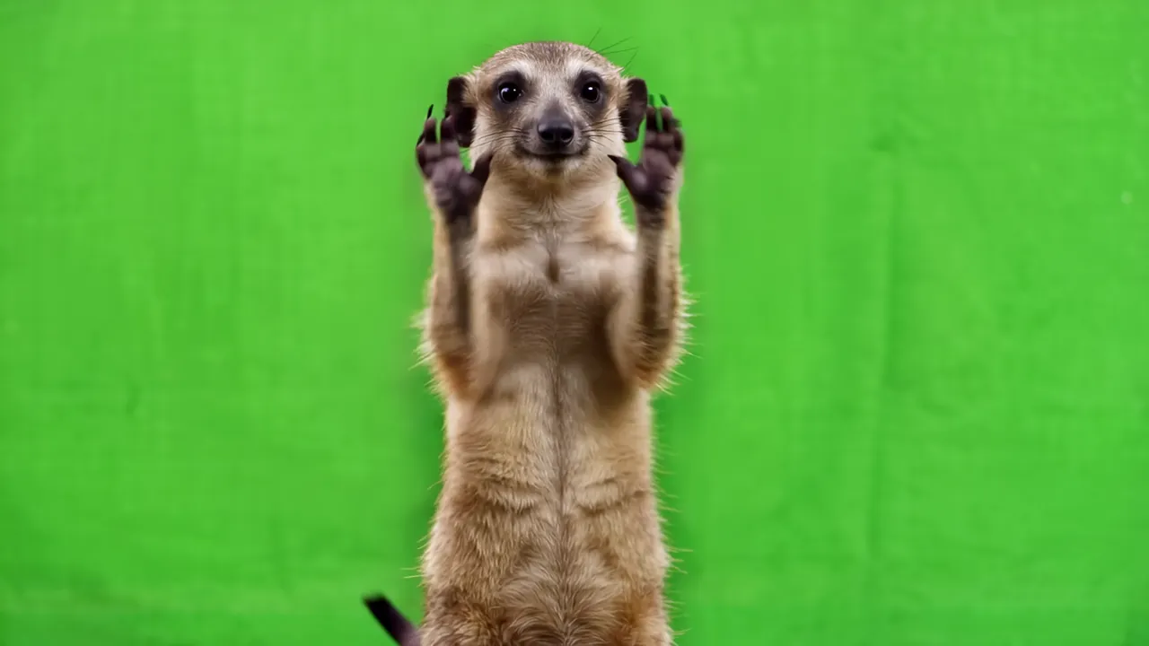 Curious meerkat standing upright against a green backdrop