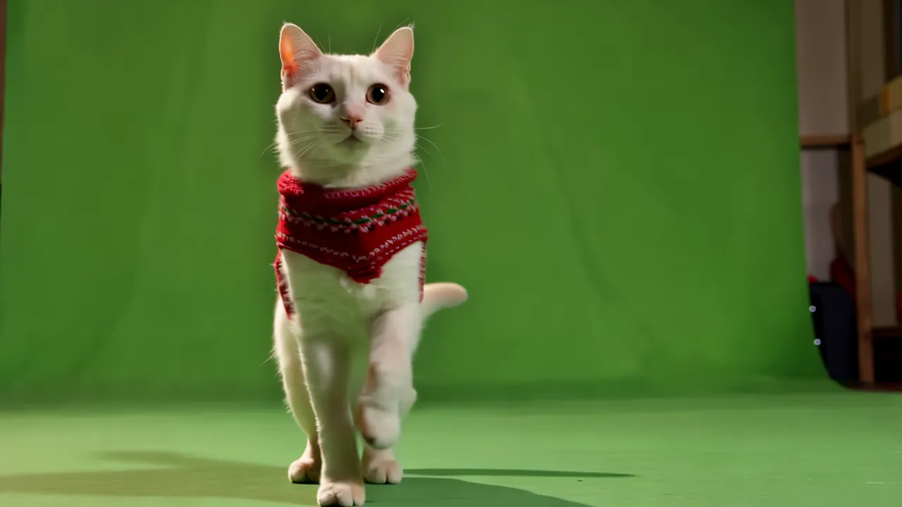 Cute White Cat with Big Round Eyes on Green Screen