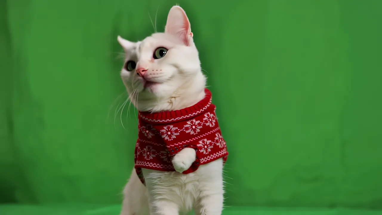 Cute White Cat with Green Eyes on Green Screen