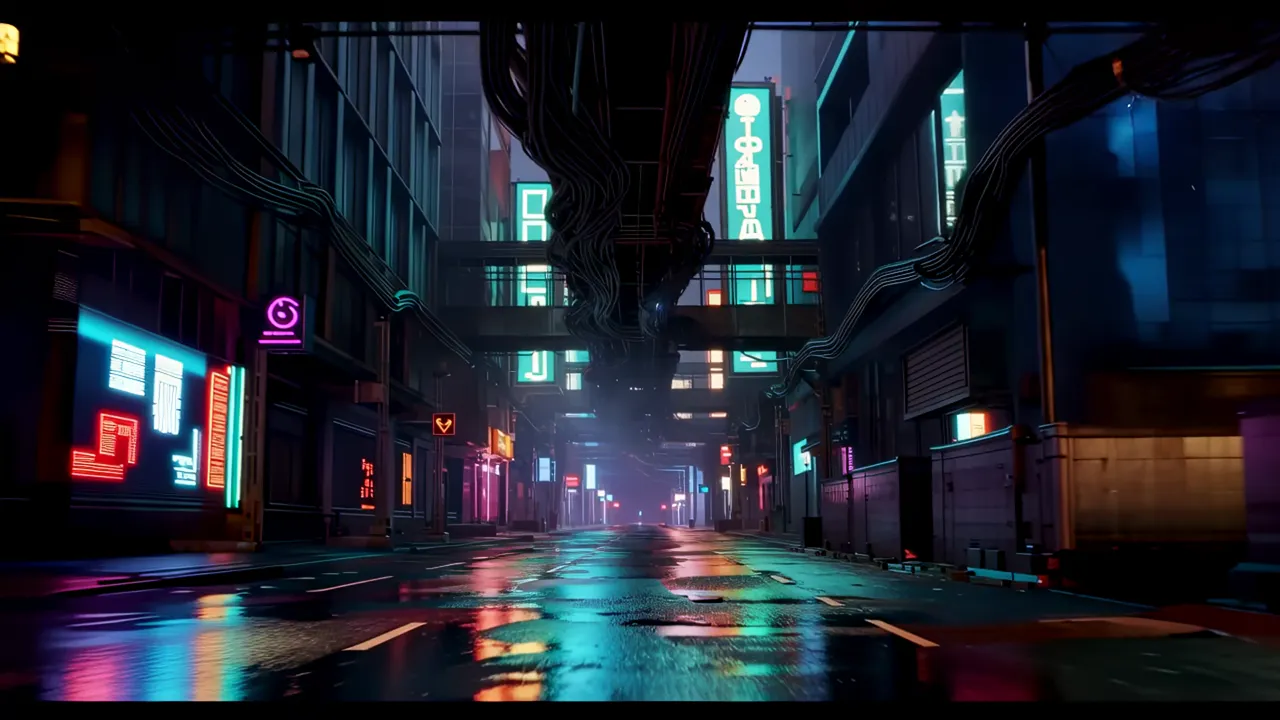 Cyberpunk Street View with Holographic Signs and Walkways