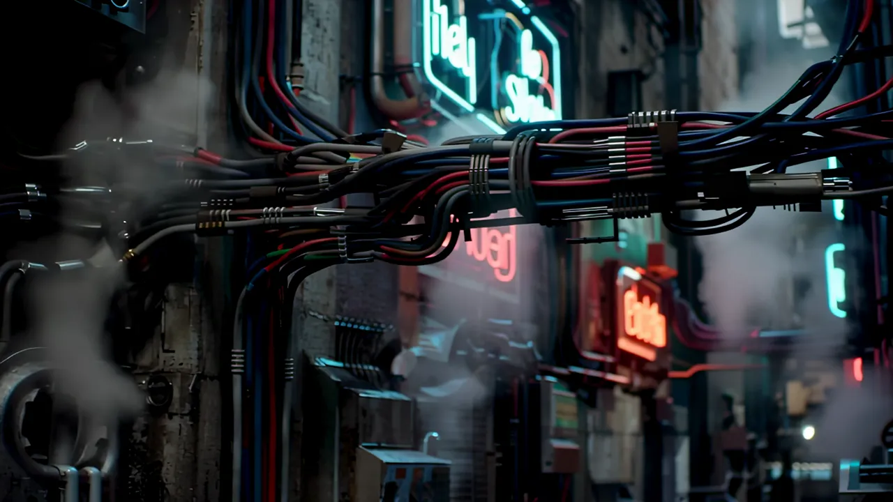 Dark Cyberpunk Back Alley with Glowing Neon Signs