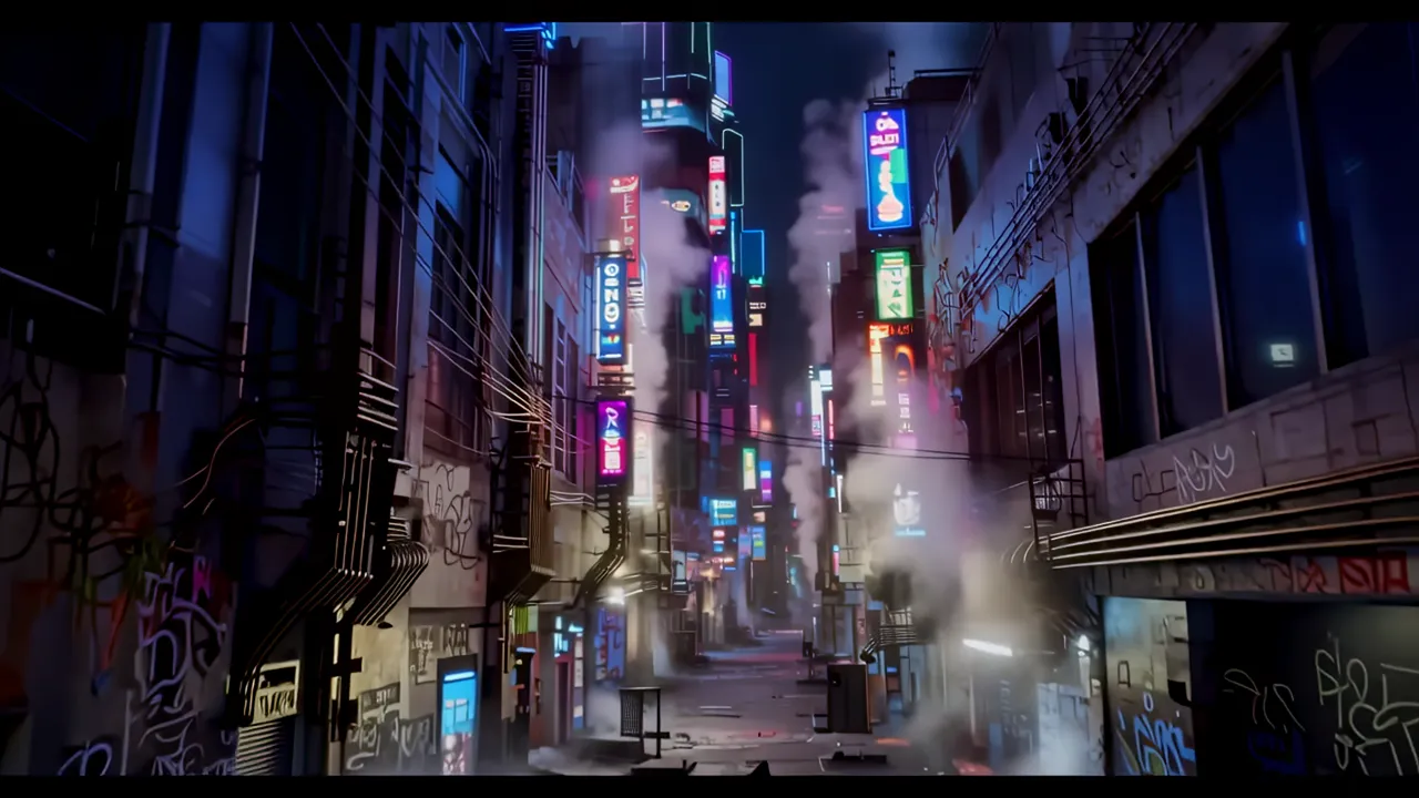 Dark Cyberpunk Back Alley with Neon Advertisements