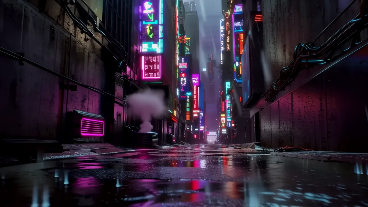 Dark Cyberpunk Back Alley with Neon and Steam Vents