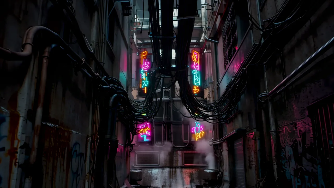 Dark Cyberpunk Back Alley with Neon Lights and Steam
