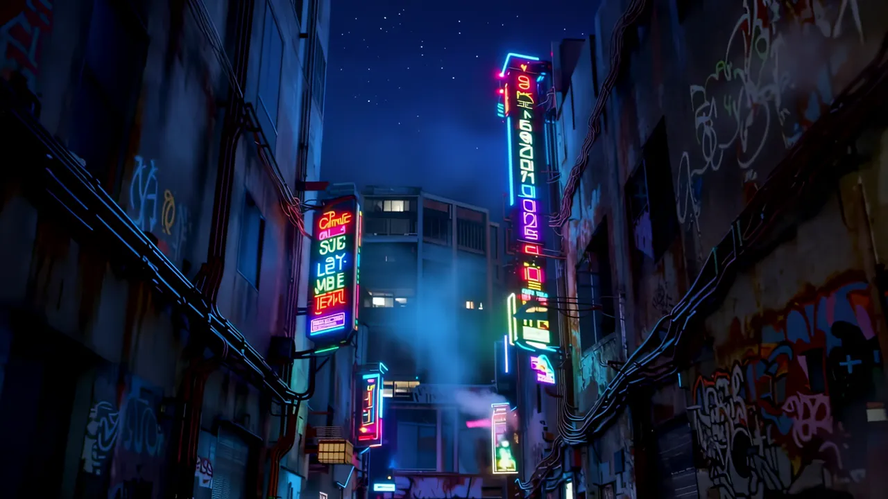 Dark Cyberpunk Back Alley with Neon Lights and Steam
