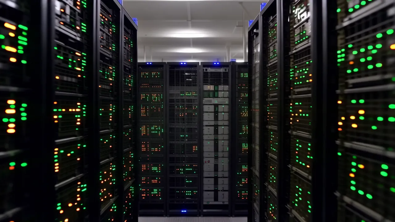 Data Center Aisle with Rows of Server Racks