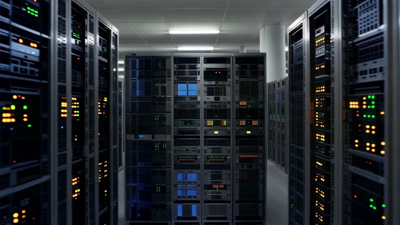 Data Center Aisle with Server Racks Illuminated