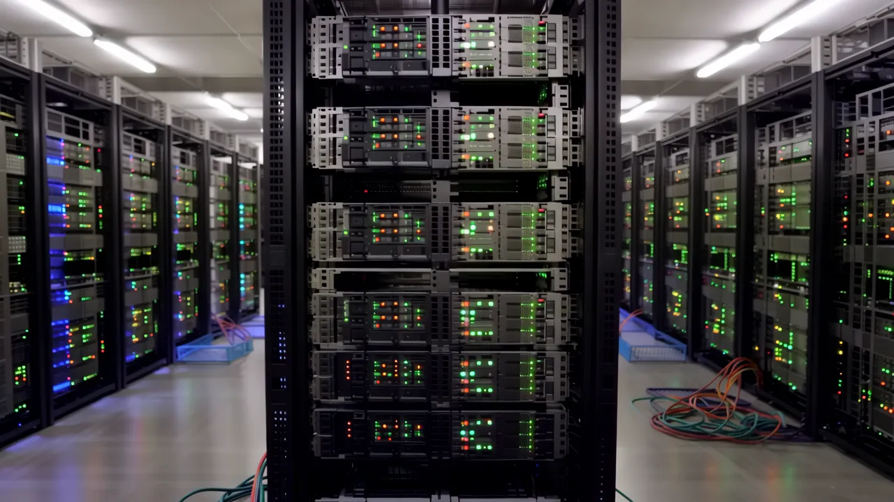 Data Center Floor with Server Racks and Cables