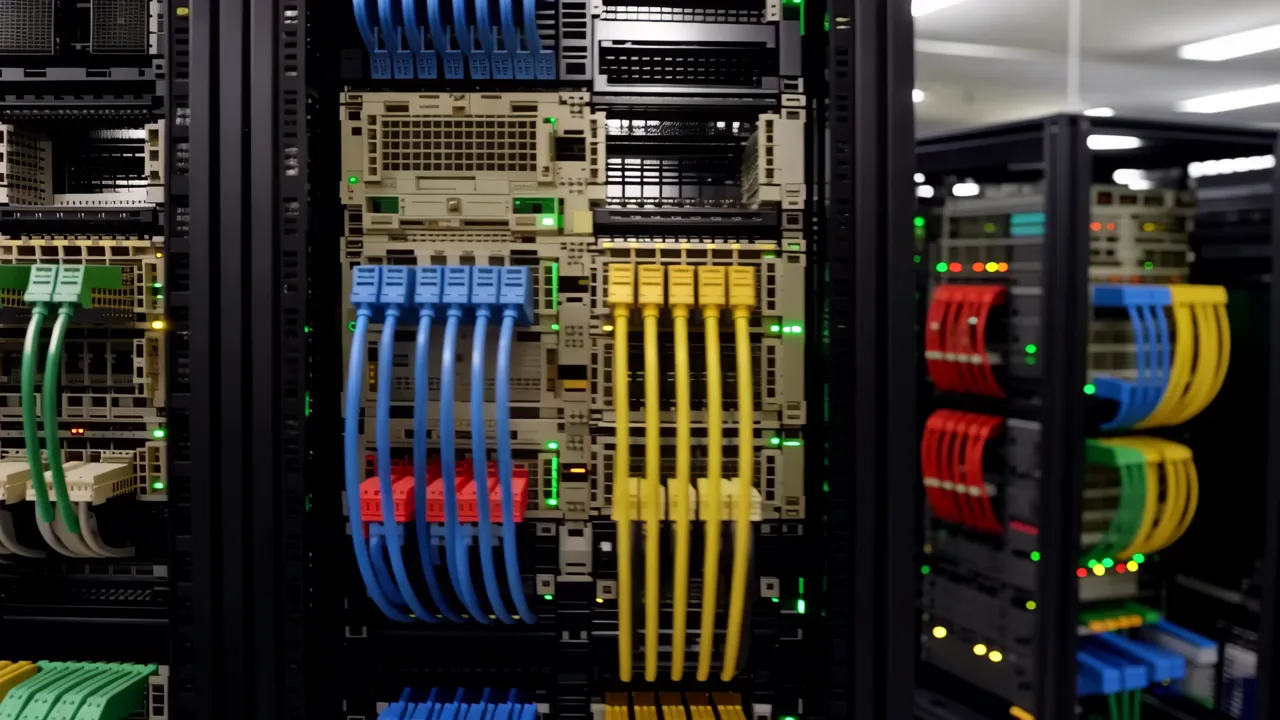 Data Center Floor with Server Racks and Colorful Cables