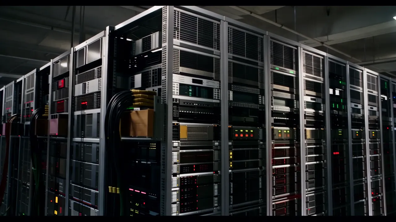 Data Center Floor with Server Racks and Cool Lighting