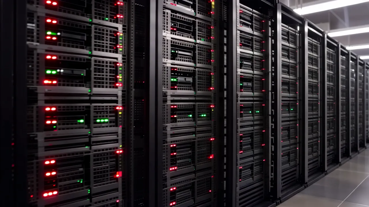 Data Center Floor with Server Racks and Lights