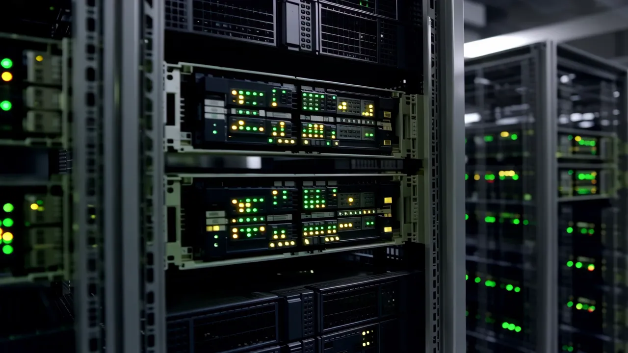 Data Center Floor with Server Racks Under Cool Lighting