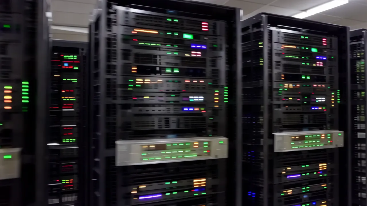Data Center with Rows of Server Racks and LED Lights