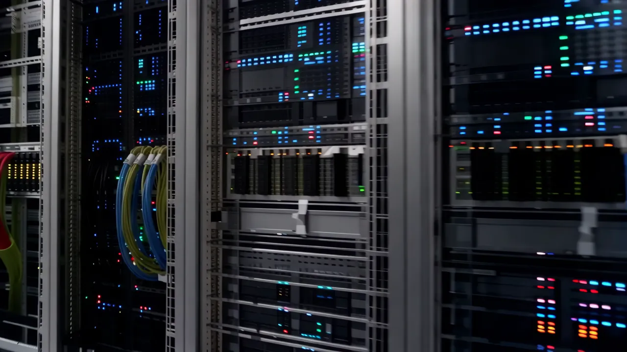 Data Center with Server Racks and Colorful Cables