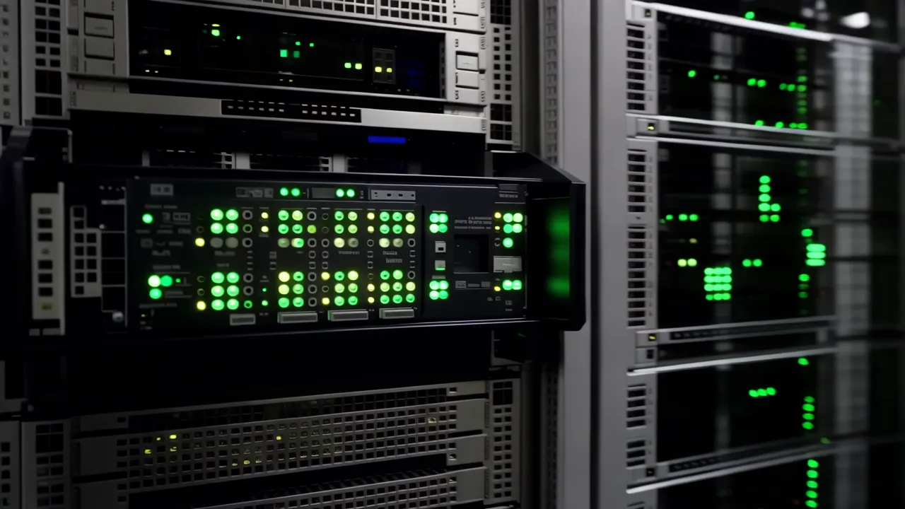 Data Center with Server Racks and Colorful Lights