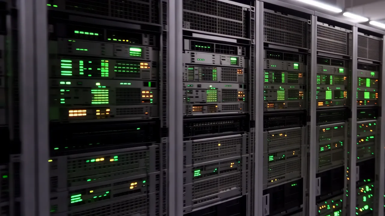 Data Center with Server Racks and Green Lights