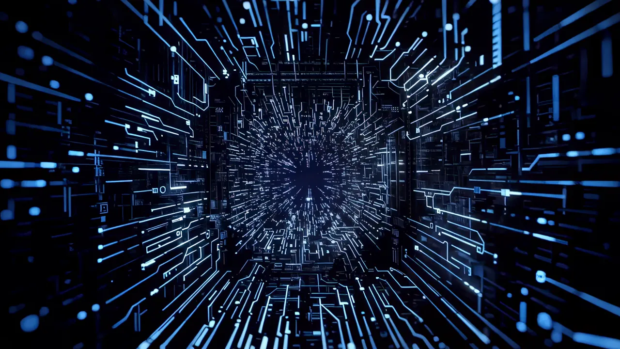 Deep Cyber Tunnel of Glowing Blue Circuits
