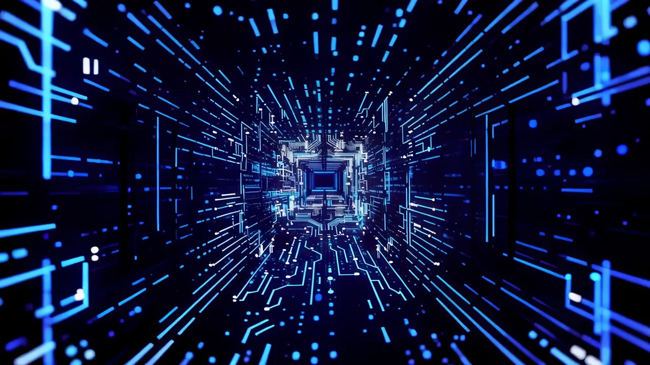 Deep Cyber Tunnel of Glowing Blue Circuits and Data Lines