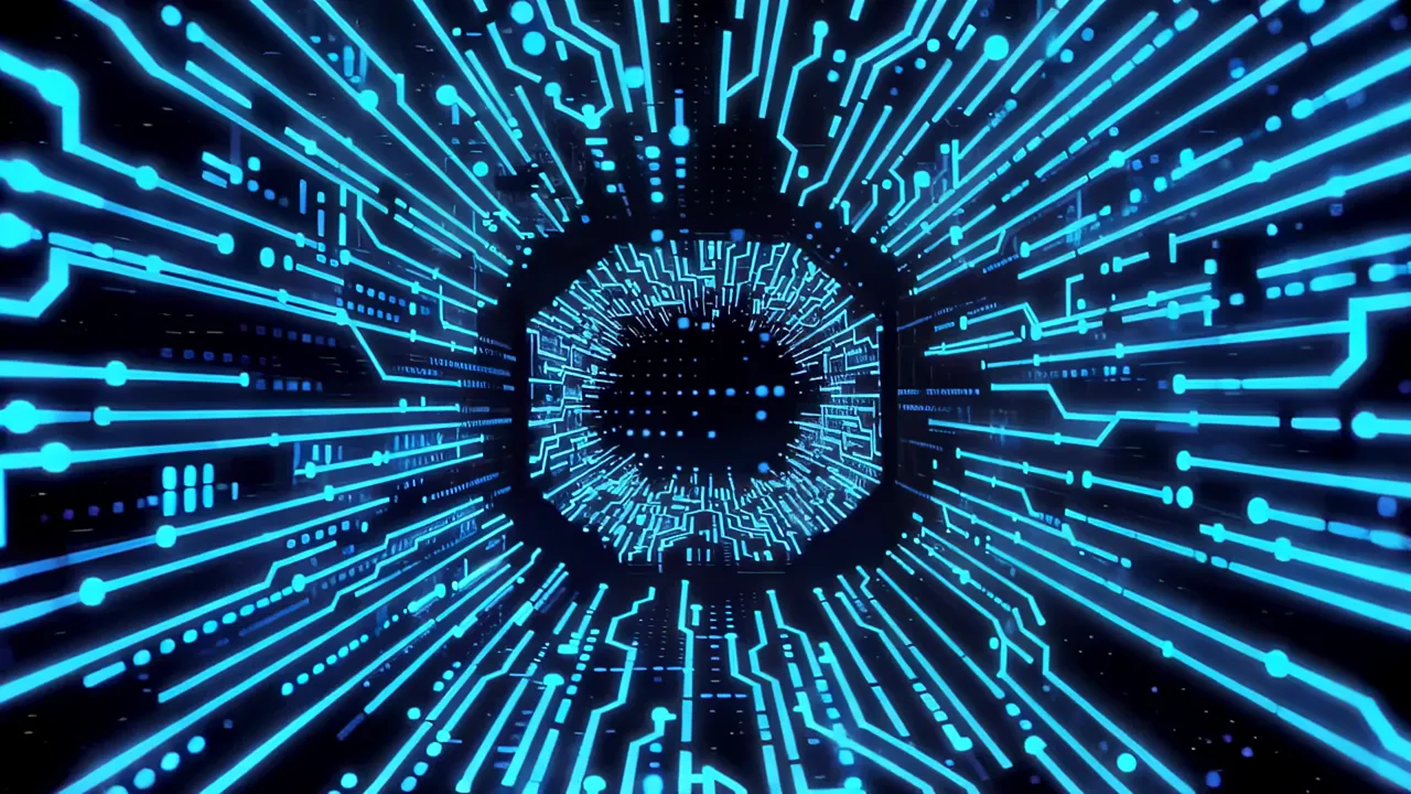 Deep Cyber Tunnel of Glowing Blue Circuits