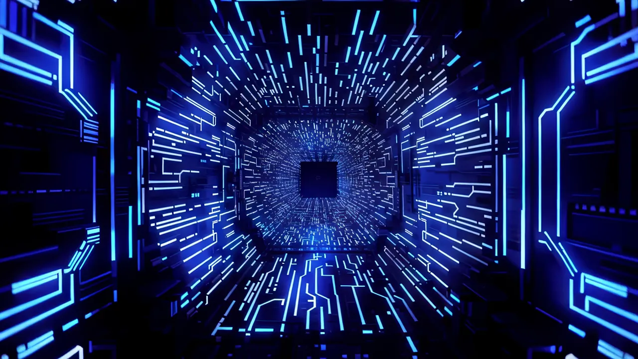 Deep Cyber Tunnel with Glowing Blue Circuits