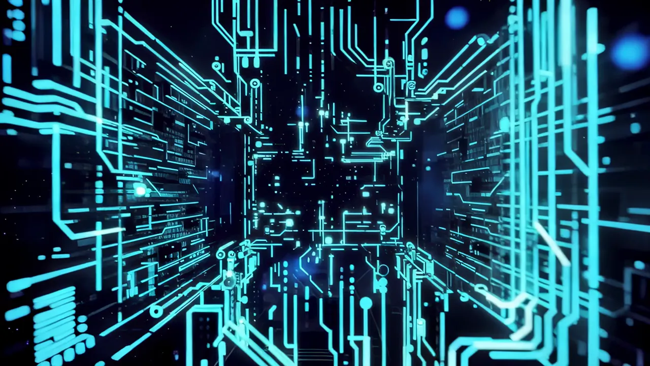 Deep Cyber Tunnel with Glowing Blue Circuits