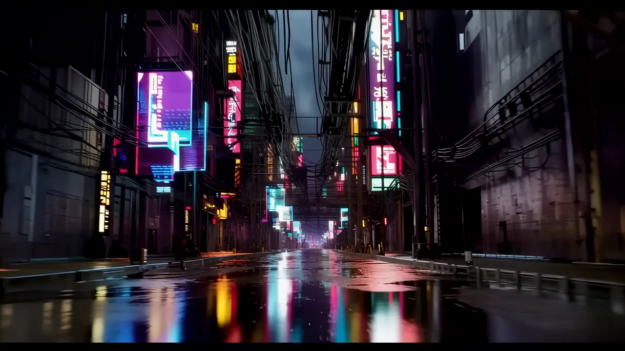 Dense Cyberpunk Street with Holographic Signs and Walkways