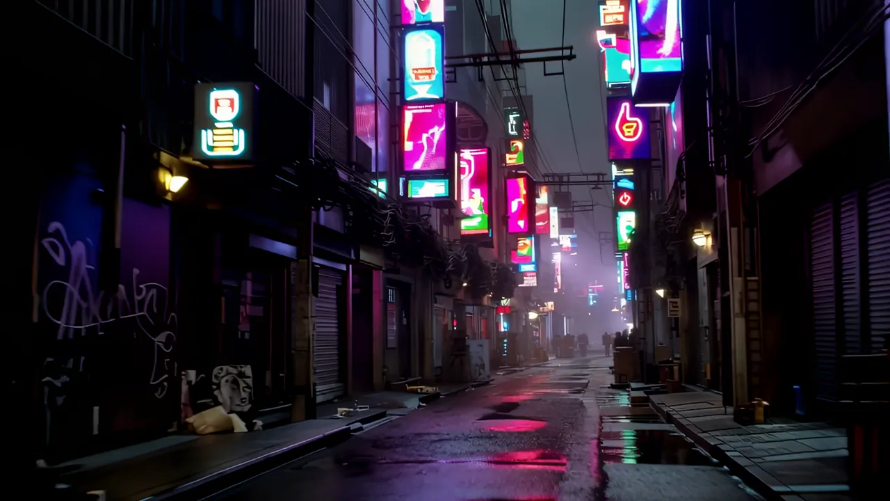 Dense Cyberpunk Street with Holographic Signs at Night