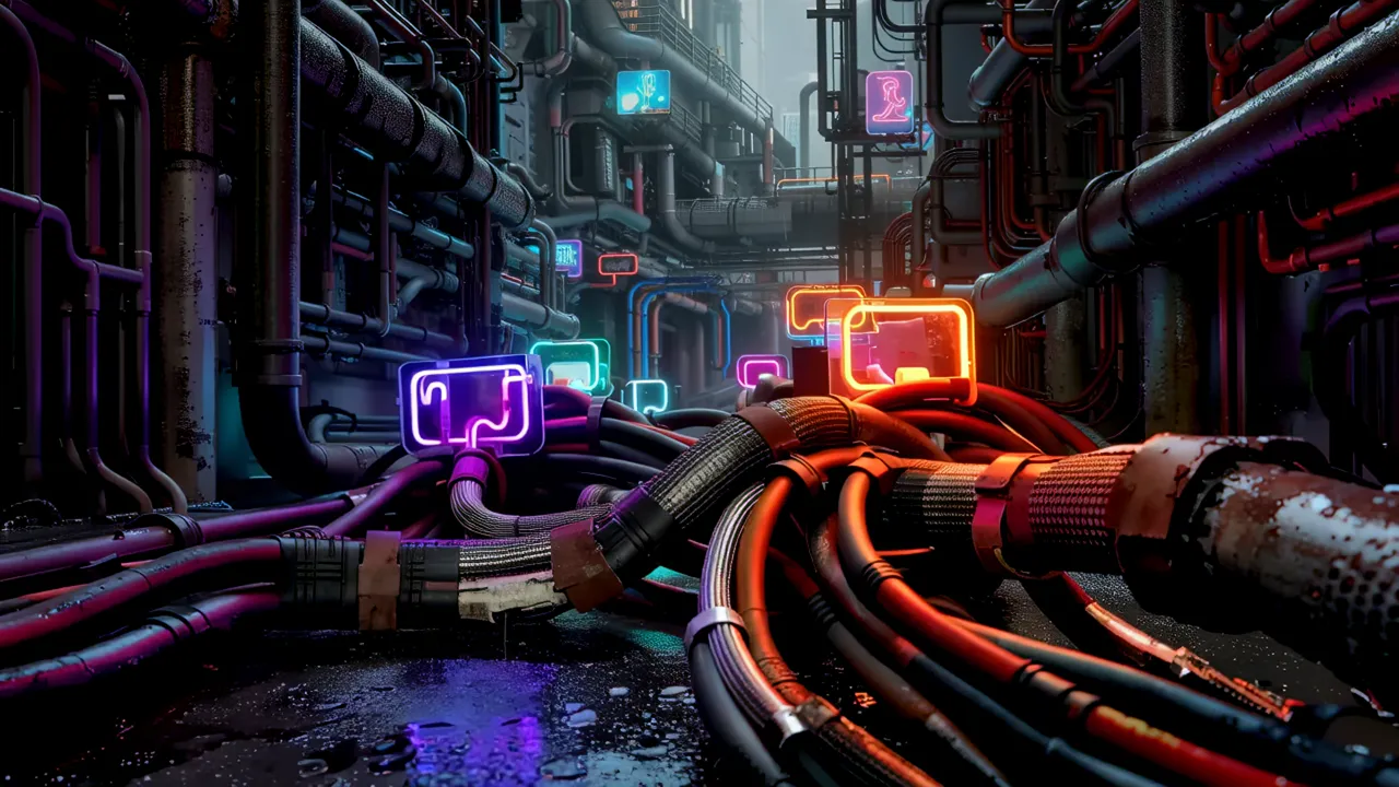Dense Cyberpunk Street with Overhanging Walkways and Holograms