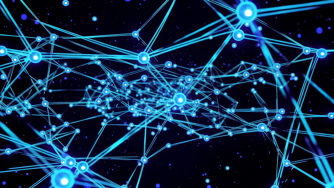Dense Network of Glowing Blue Data Nodes and Fiber Threads