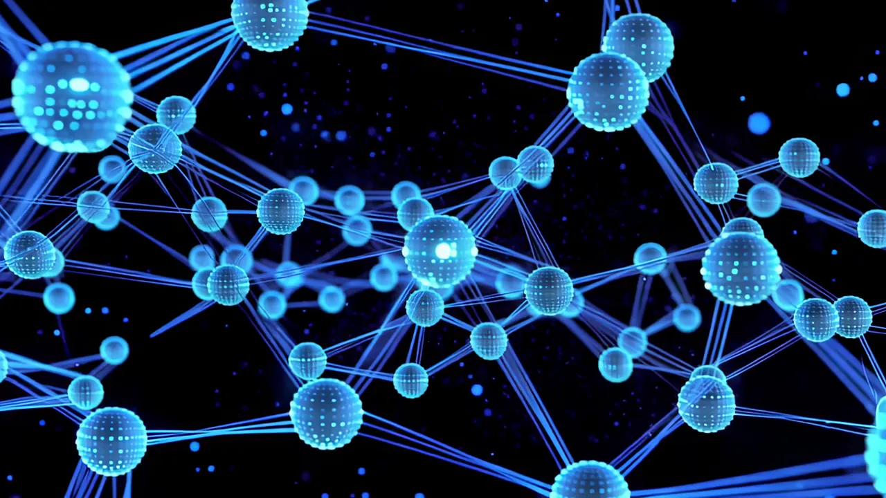 Dense Network of Glowing Blue Data Nodes and Fiber Threads