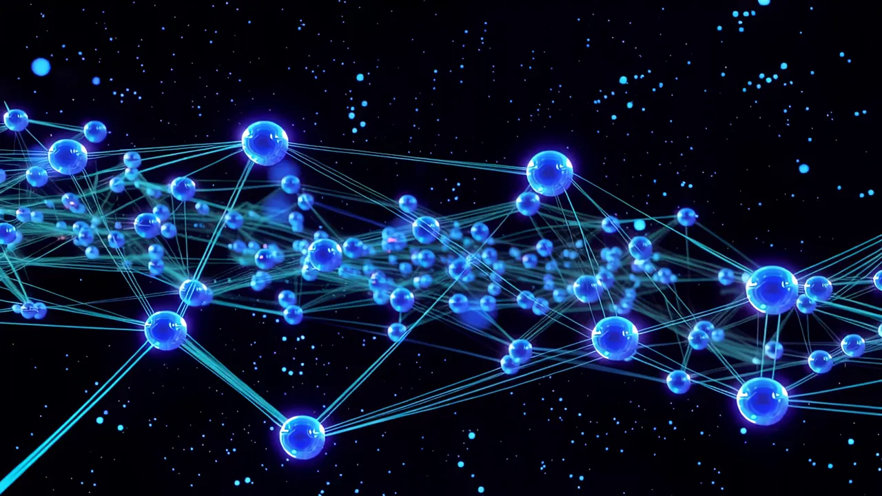 Dense Network of Glowing Blue Data Nodes and Fiber Threads